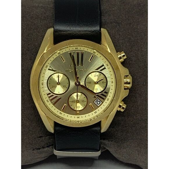 Michael Kors MK5798 Women Black Leather Analog Champagne Dial Quartz Watch GE343 - Picture 1 of 11